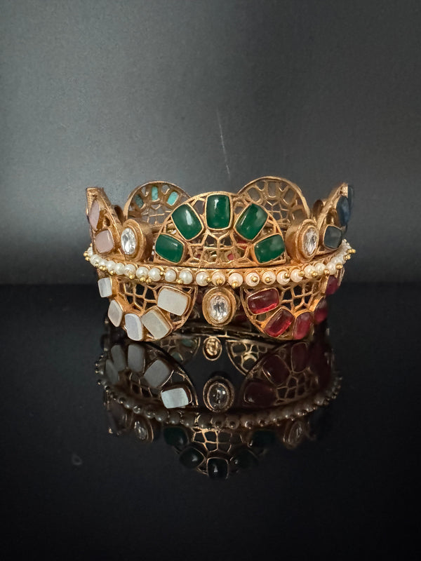 Kundan, CZ, colorful stones Bracelet Bangle, Gold Polish Bangle (Fits 2.6" Diameter)