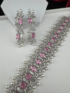 Step cut Crystals and CZ Diamond Statement Necklace Set, White Gold Plated Choker set