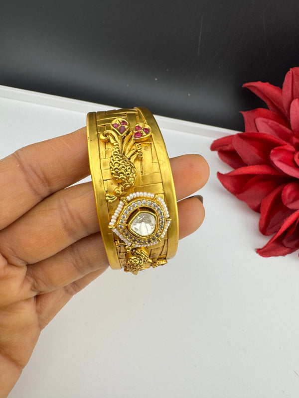 Moissanite Kundan, CZ, pearl Peacock Cuff Bracelet Bangle, Gold Polish Bangle (Fits 2.6" Diameter)