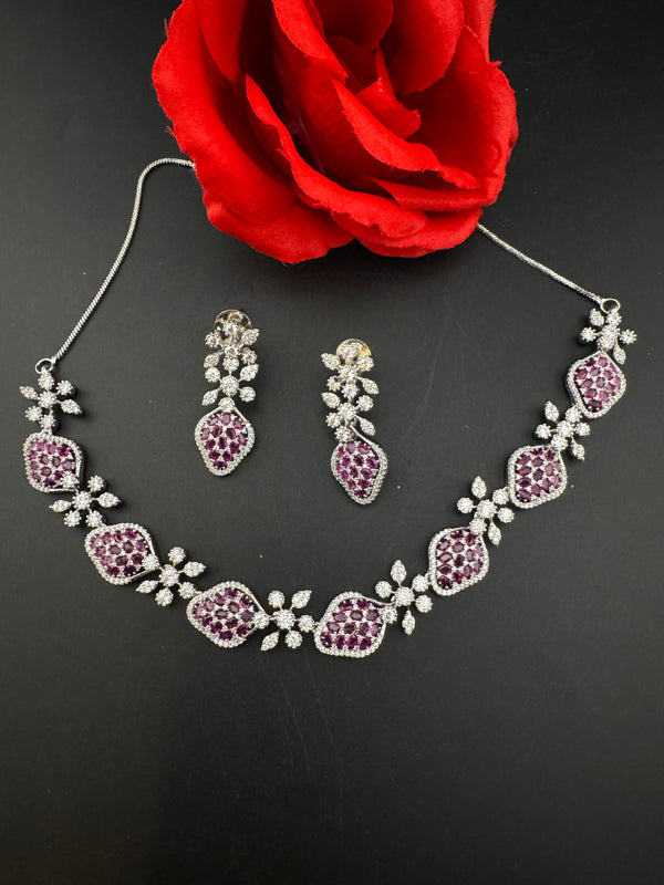Nano Setting CZ Diamond Statement Ruby Necklace Set, White Gold Plated Choker, 3D nature inspired