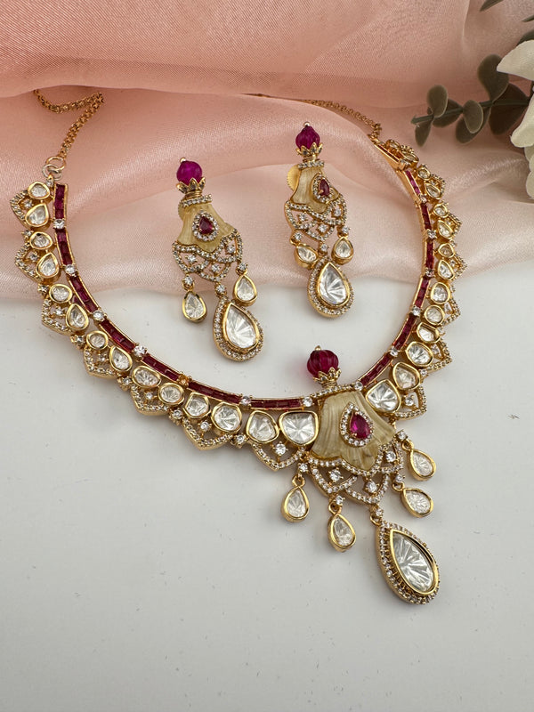 Kundan, Moissanite, MOP, CZ Flexible Gold necklace set, Indian Bridal Jewelry