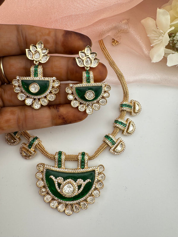 Kundan, Moissanite, MOP, CZ Flexible Gold necklace set, Indian Bridal Jewelry