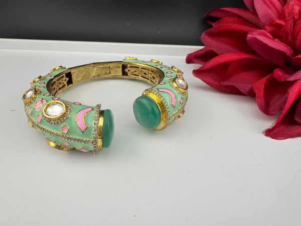 Moissanite Kundan, Enamel, CZ Adjustable Bracelet Bangle Kada, Gold Polish Designer Bangle