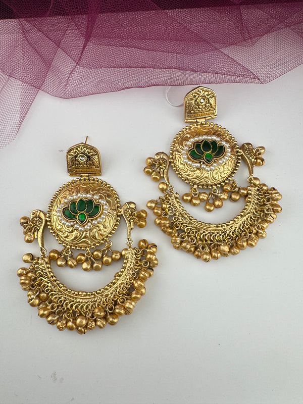 Kashmiri style, brass, stone and pearls chandbali oversized earrings, Indian Jewelry