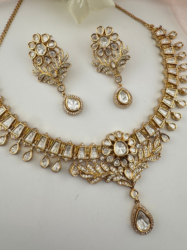 Moissanite Kundan Gold necklace set, Indian Bridal Jewelry set