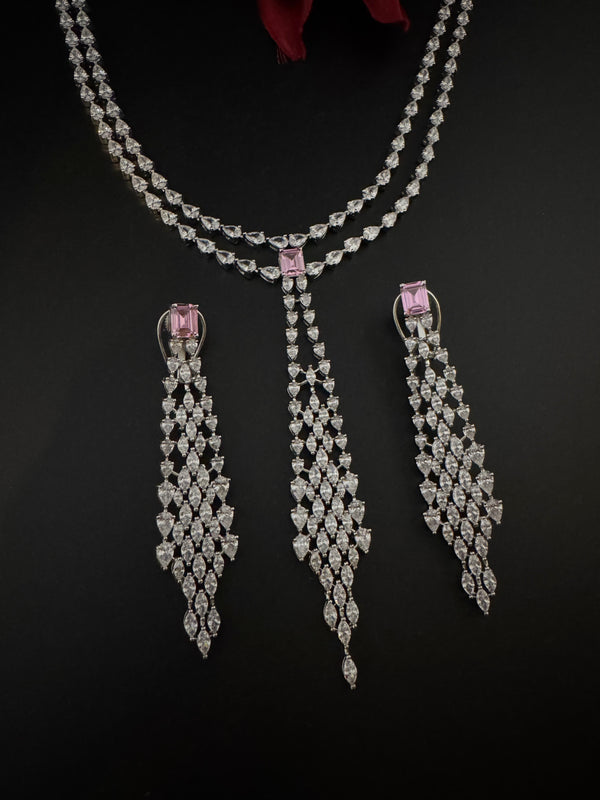 Crystals and CZ Diamond Statement double Layered Necklace Set, White Gold Plated Choker set