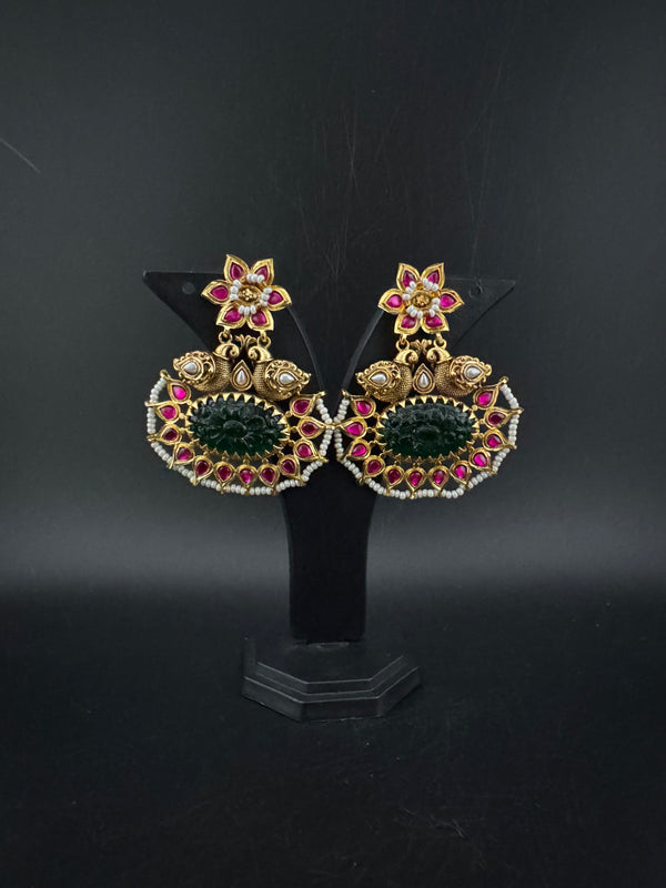 Gold and Green Carved stone, pacchi Kundan, Pearls Chandelier Chandbali Earrings, Bridal Designer jewelry