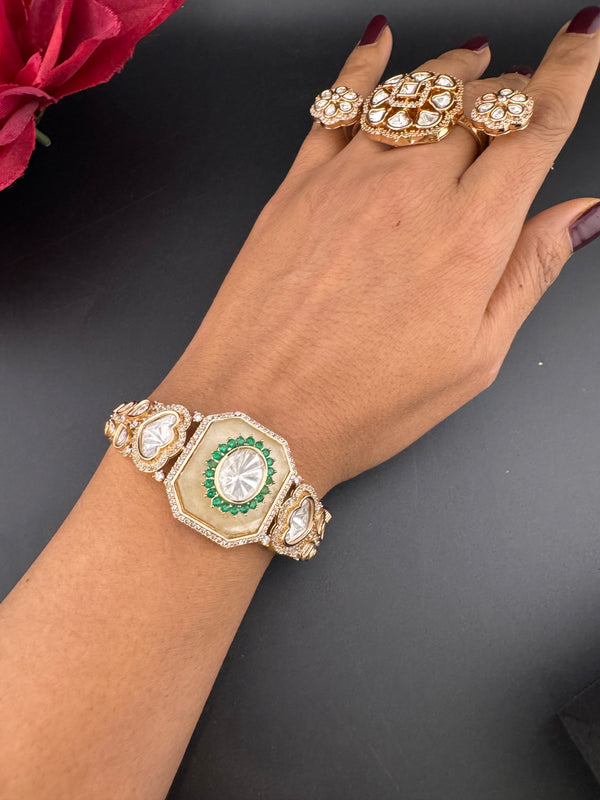 Moissanite Kundan, MOP, CZ Adjustable Bracelet Bangle, Gold Polish (Fits size 2.6")