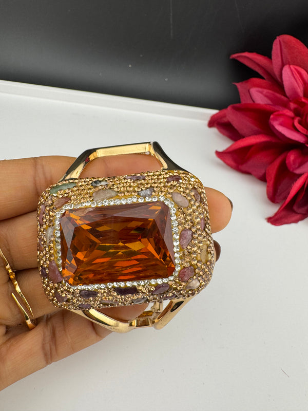 Turkish Jewelry, Crystal, CZ, Stones Oversized Cuff Bracelet Bangle, Gold Polish (Fits 2.6" Diameter)