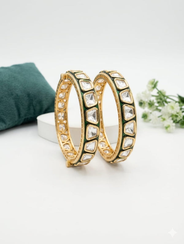 Enamel, Moissanite Kundan, Openable Bracelet Bangle set of 2, Gold Polish