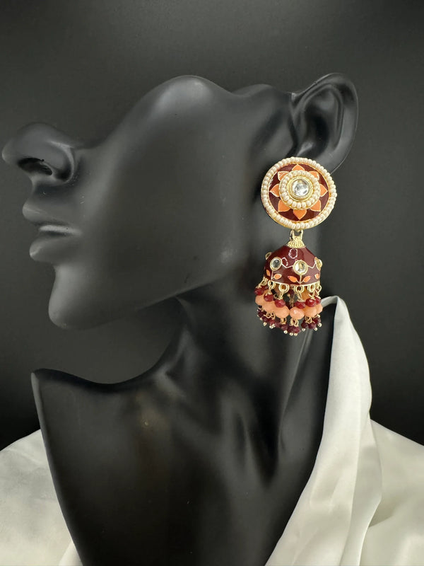 Minakari with Kundan and pearls Jhumka Earrings