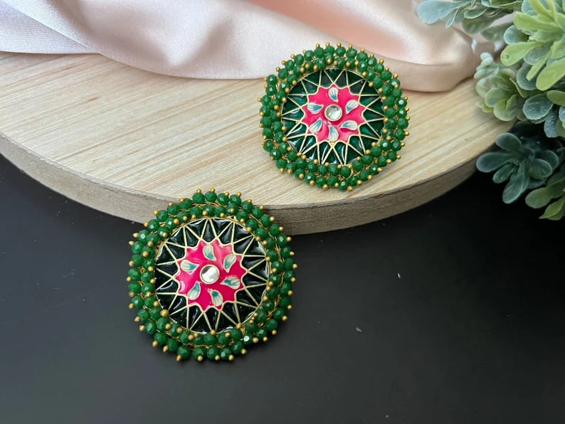 Big Stud Earrings with Green beads and Minakari