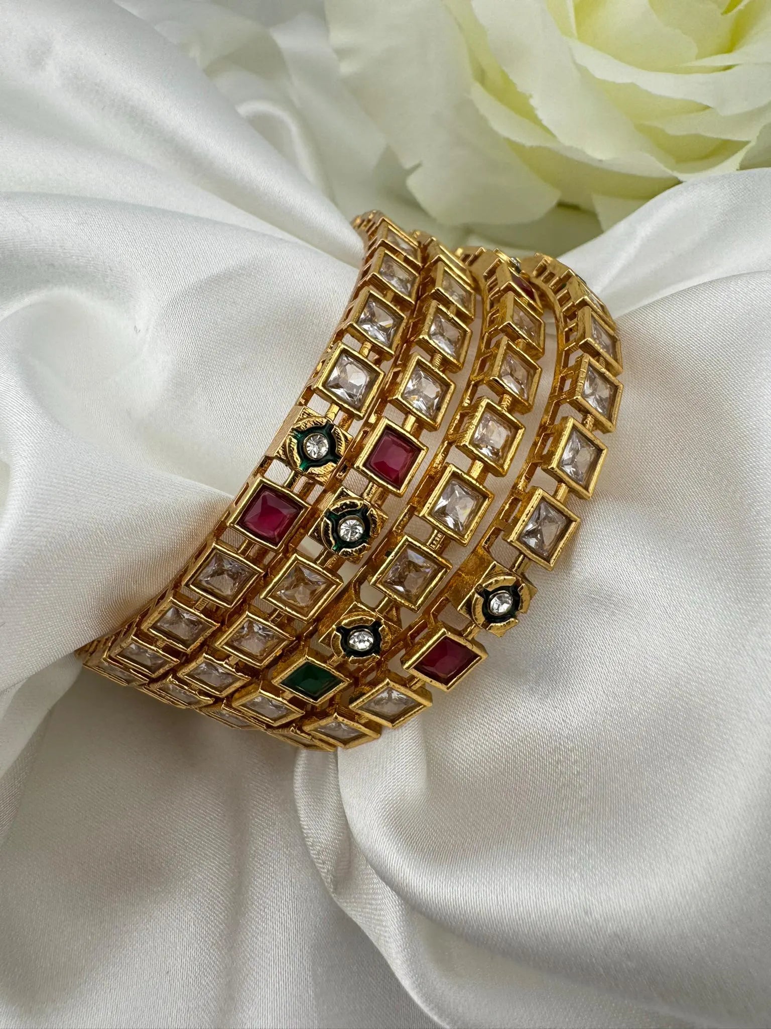 Set of 4 Matt Gold and multicolor stones in Amrapali inspired bangles set