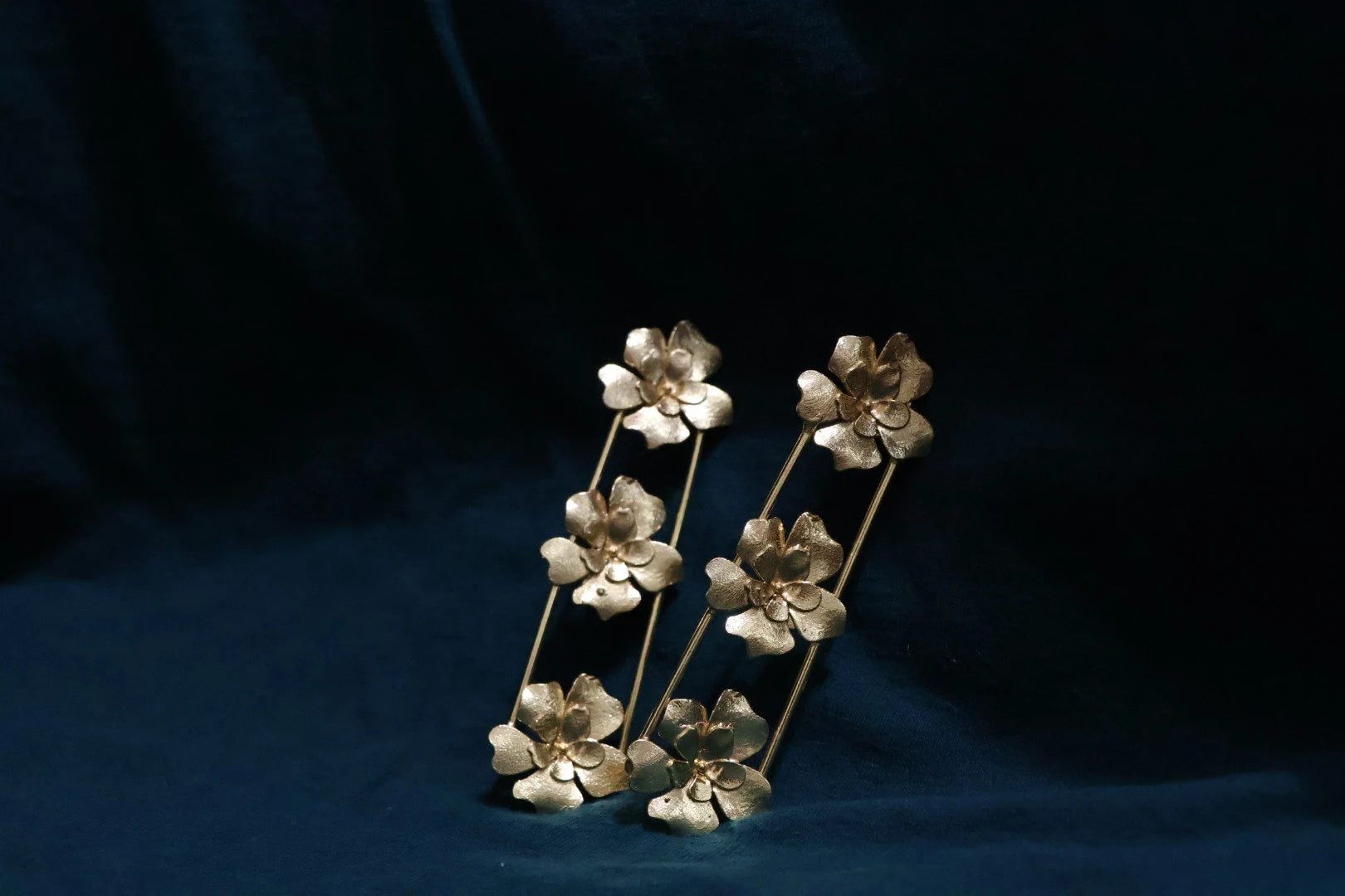 Matt Gold statement Long earrings with unique Flowers design