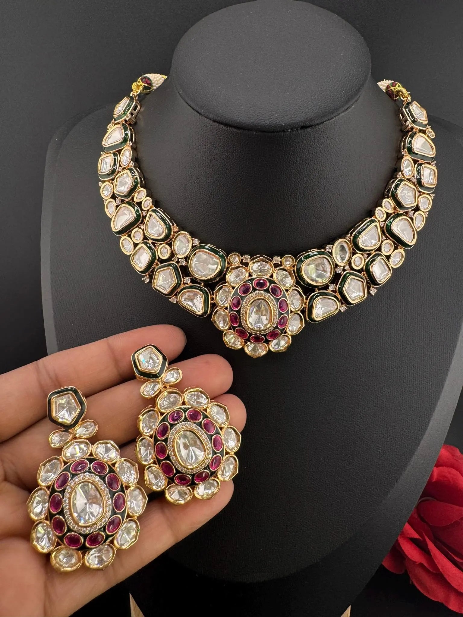 Bridal Premium Quality Moissanite Kundan, Italian Minakari, CZ, Stones Tyaani Inspired Necklace set with earrings