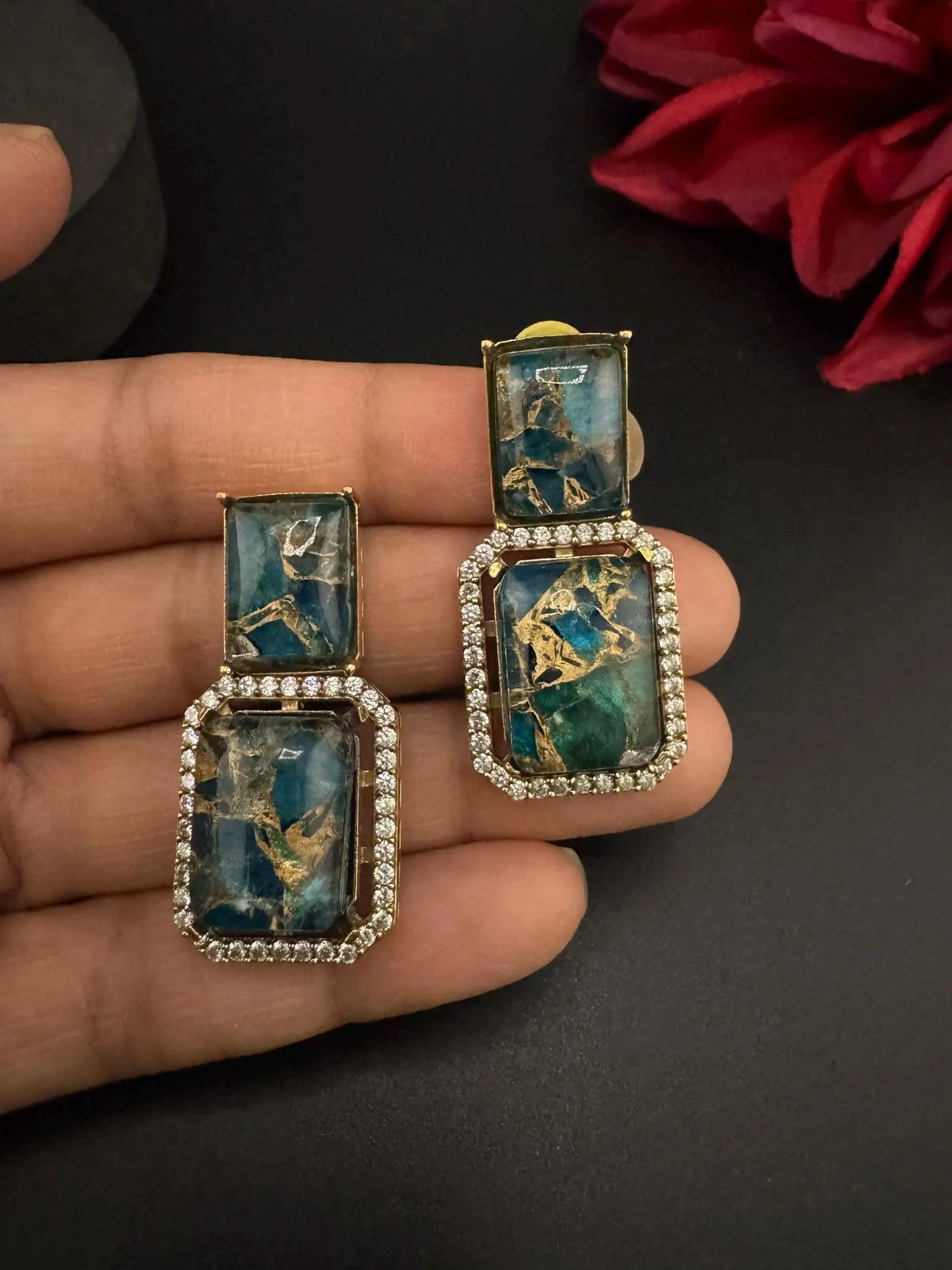 Premium Doublet Marble stone and Cubic Zirconia designer Drop earrings