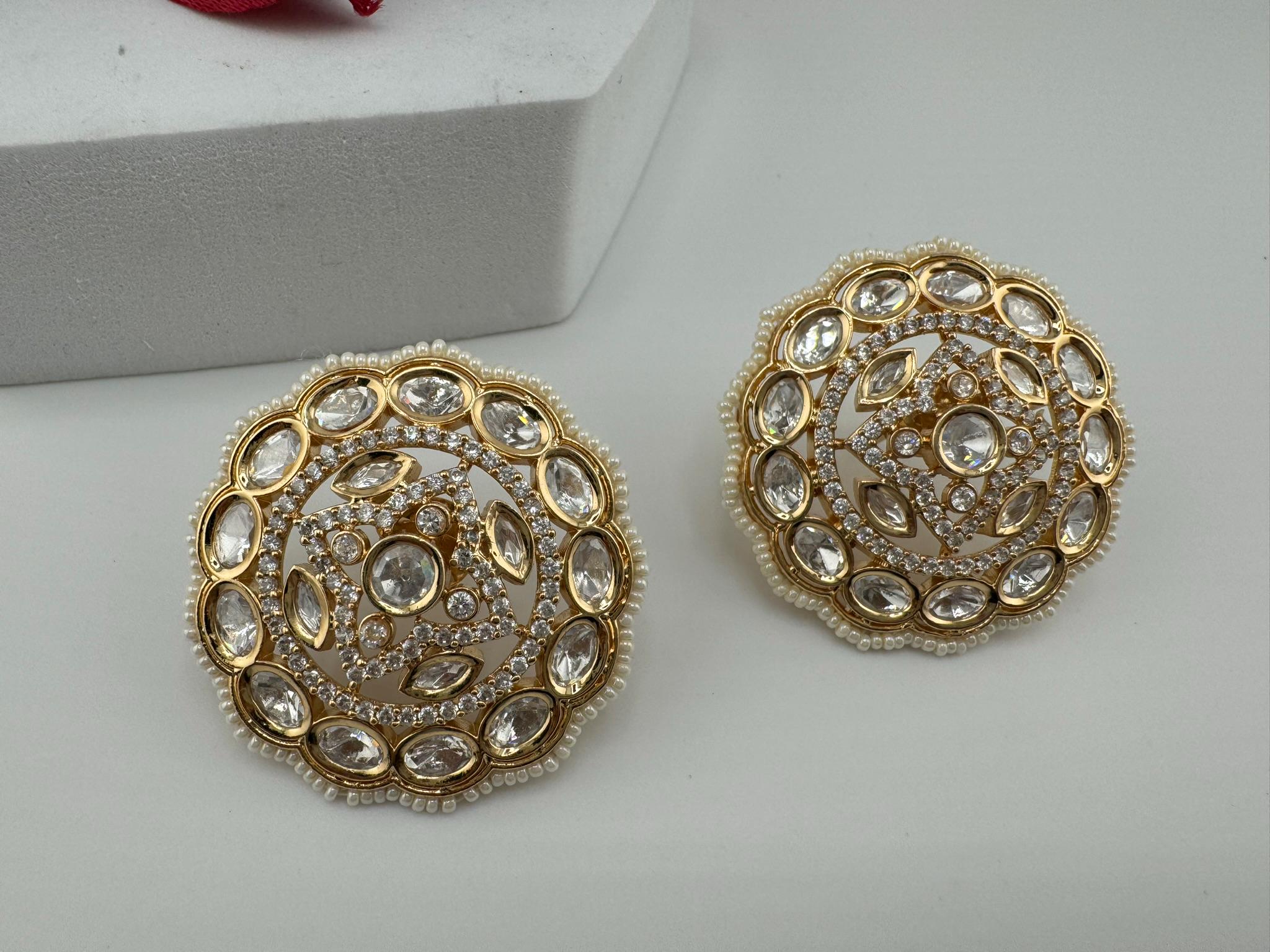 Tyaani inspired Designer Premium Moissanite Kundan and CZ Big studs earrings