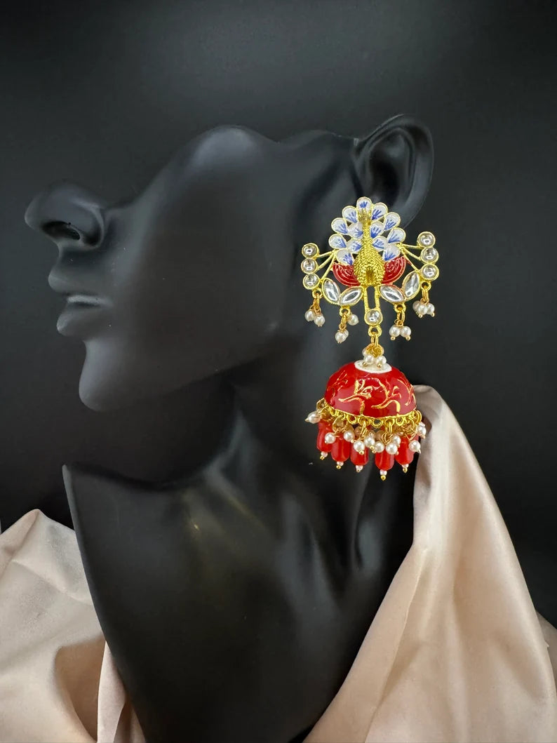 Peacock Jhumka Earrings with Kundan, Minakari, CZ and pearls in Gold Polish