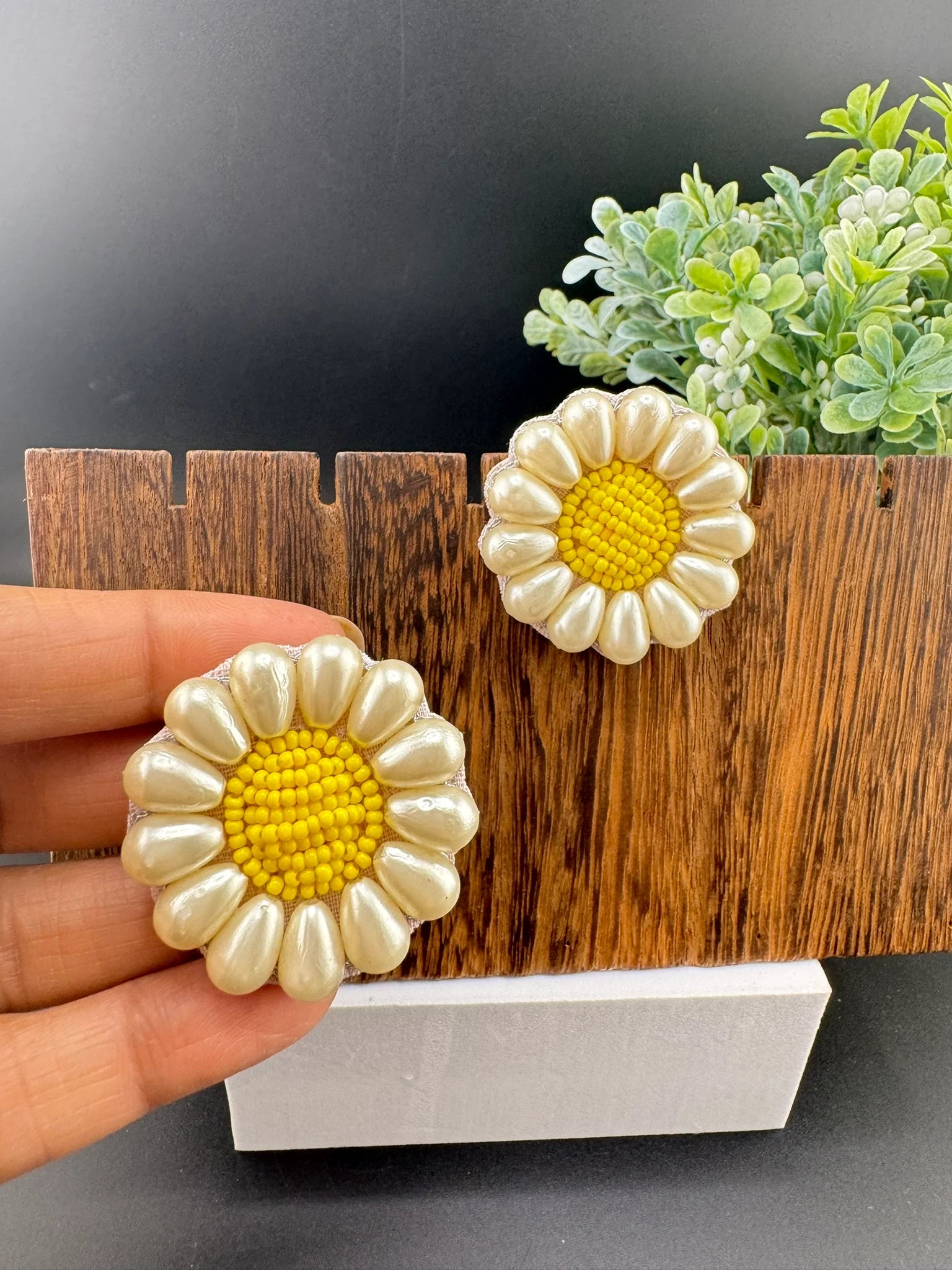 Yellow Beaded Pearl Flower quirky Studs earrings