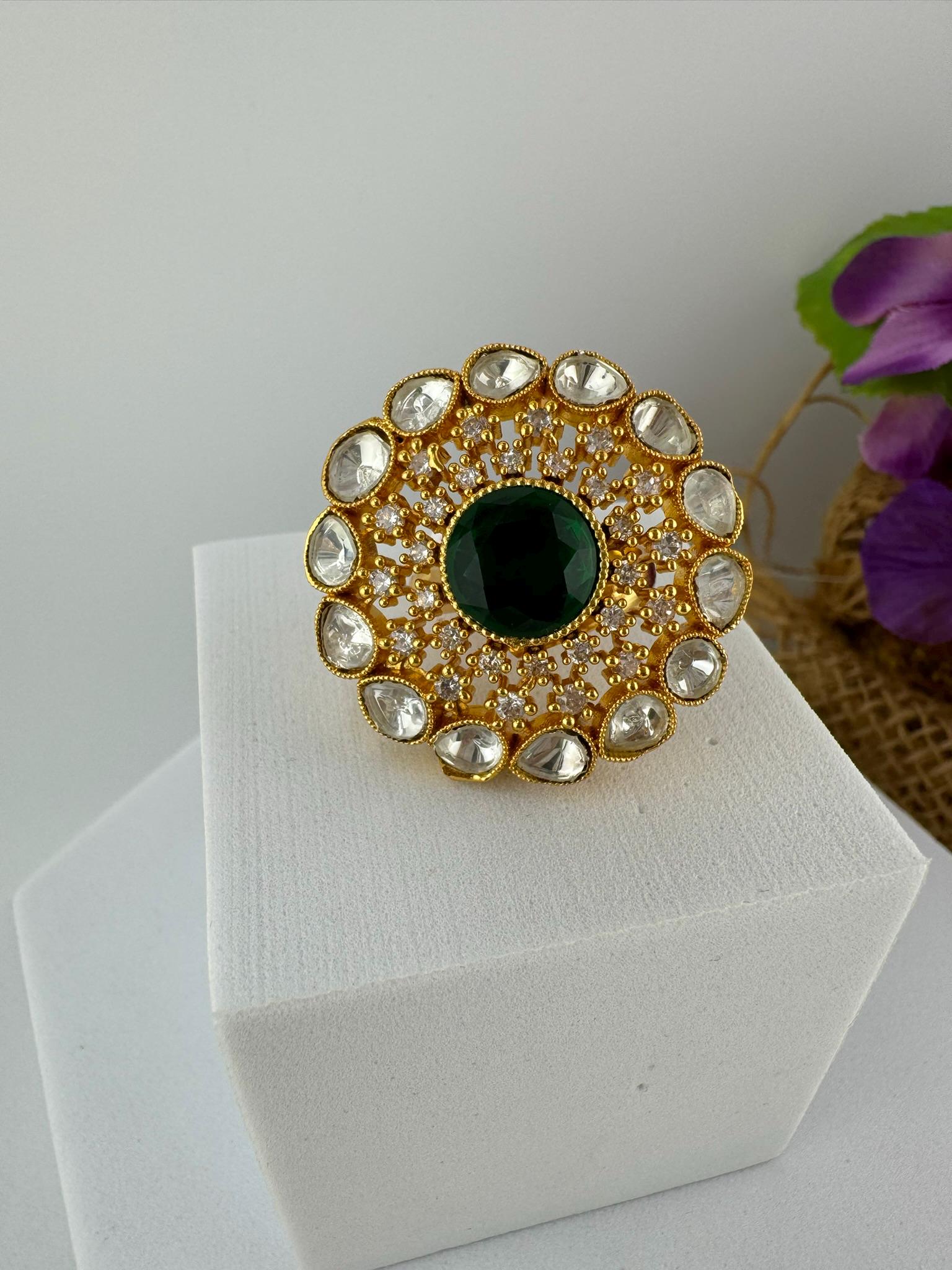 Adjustable Premium Big Finger Ring with Moissanite Kundan and Cubic Zirconia