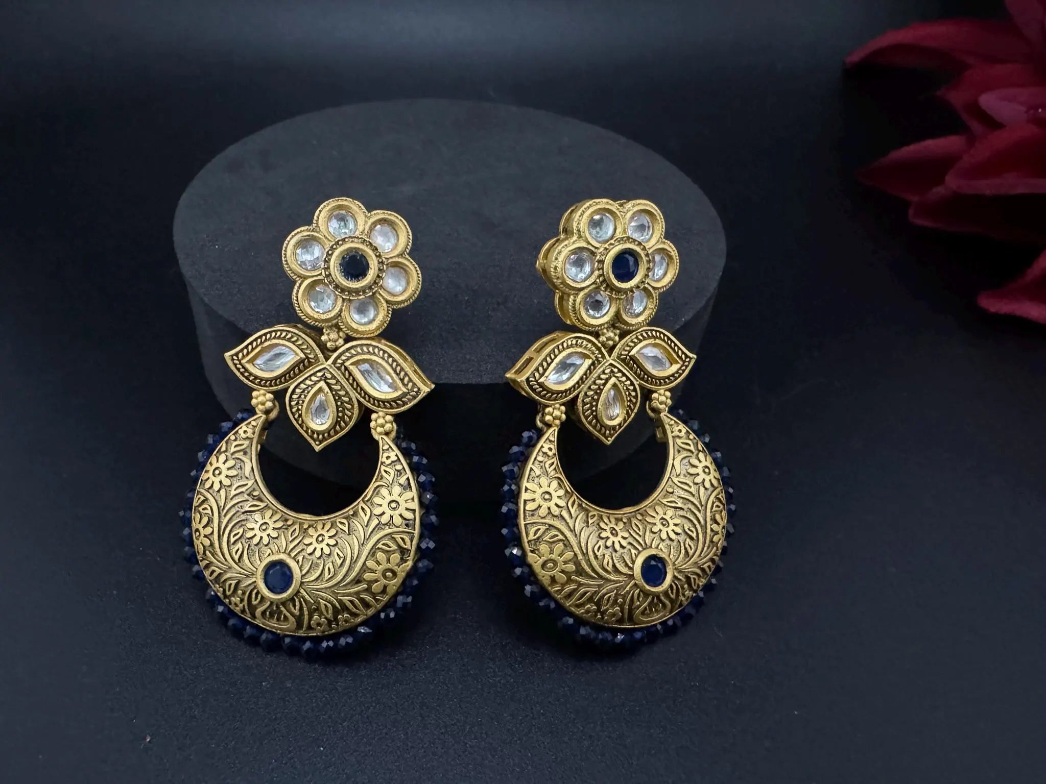Premium kundan and Blue onyx beads Chand Bali in Matt Gold Amrapali inspired designer earrings