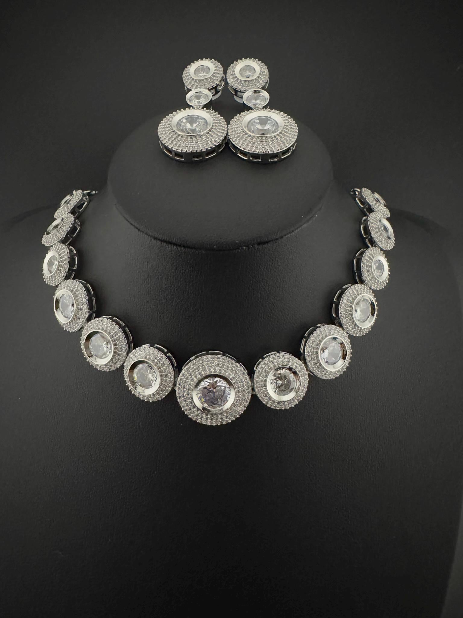 Premium American Diamond, Cubic Zirconia, Silver Polish, High Shine Sleek Necklace set with long earrings