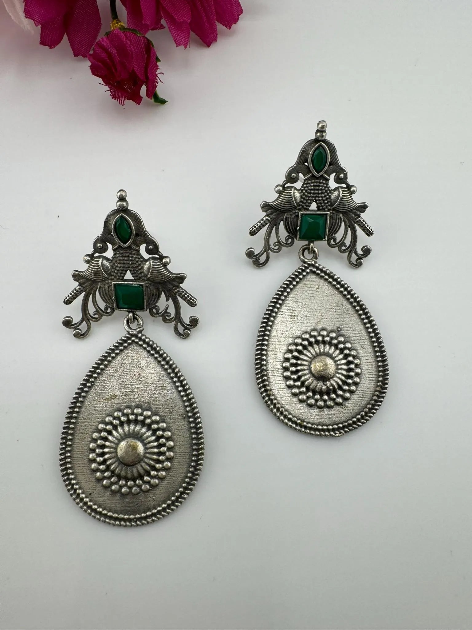 Oxidized German silver long Drop earrings with stones