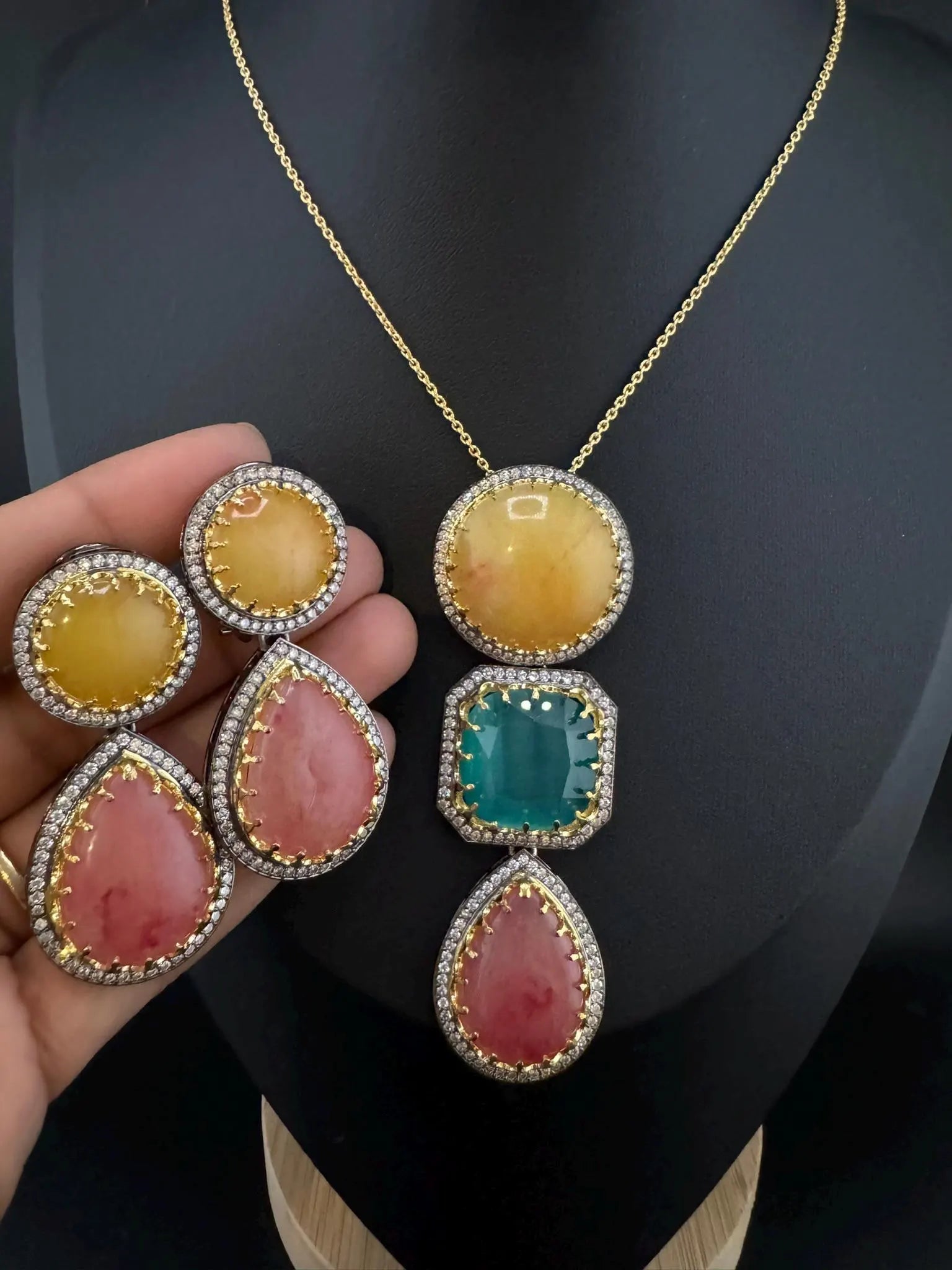 Sabyasachi Inspired Premium doublet stone, CZ, natural stones Pendant set with long earrings