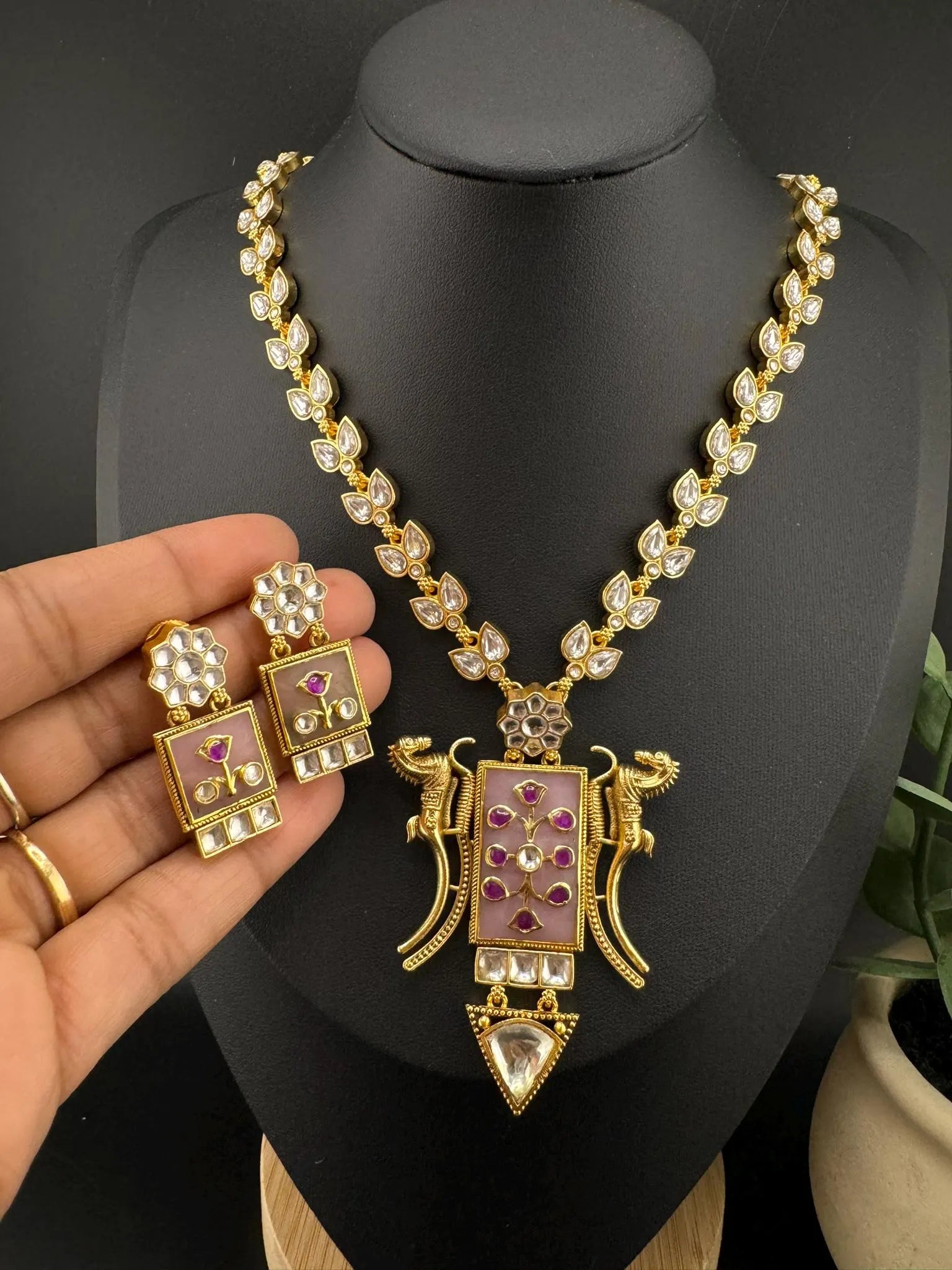 Pink Amrapali Inspired, Premium Quality Inlay work on natural stone long Necklace set