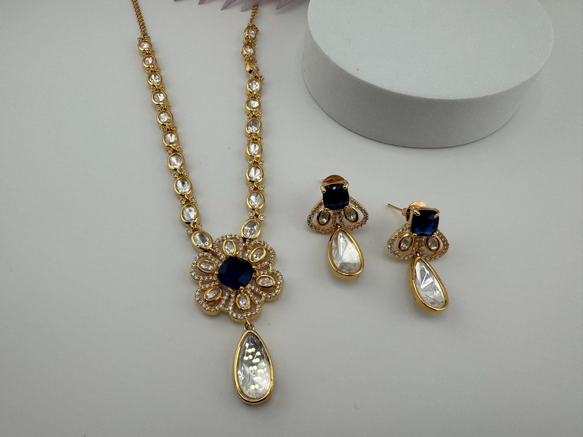 Premium Quality Moissanite Kundan, CZ,blue stone is Tyaani inspired Designer Necklace set with Kundan earrings