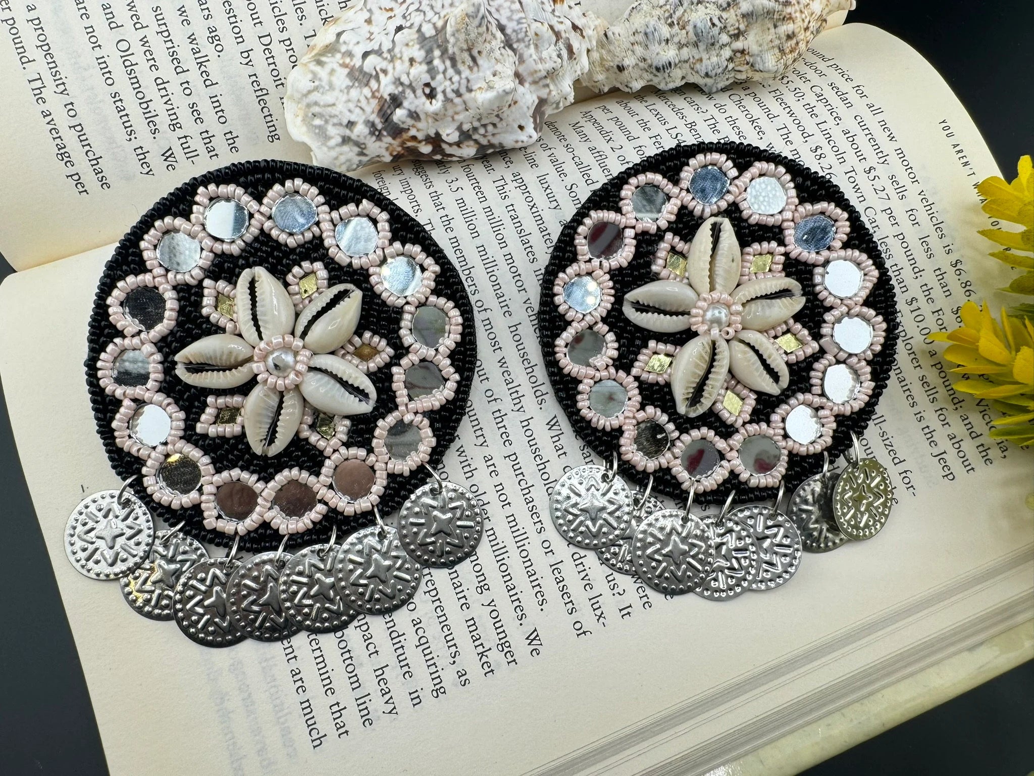 Black Beaded Mirror and Shell Oversized Stud earrings, cowrie/cowri Jewelry
