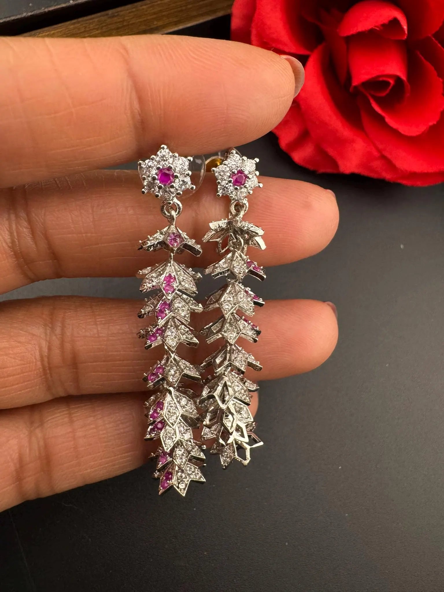 Premium Long Earring in Cubic Zirconia / Set of small jhumkis in long earrings