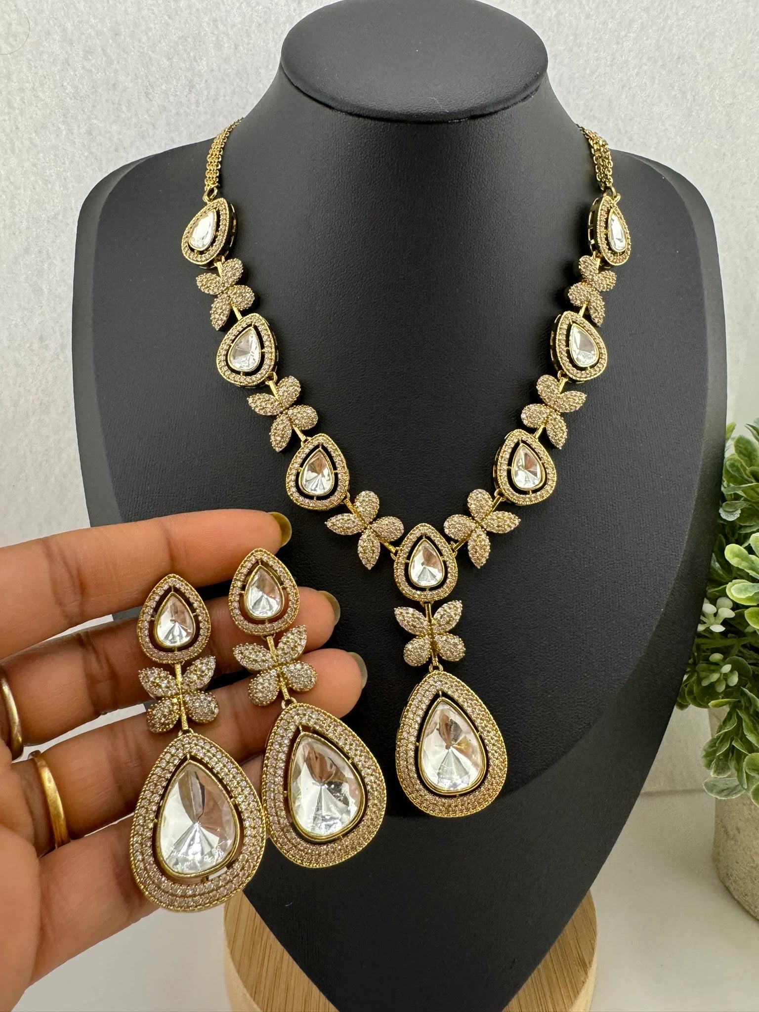 Premium Victorian Long Necklace set with long earrings with Moissanite Kundan and Cubic Zirconia