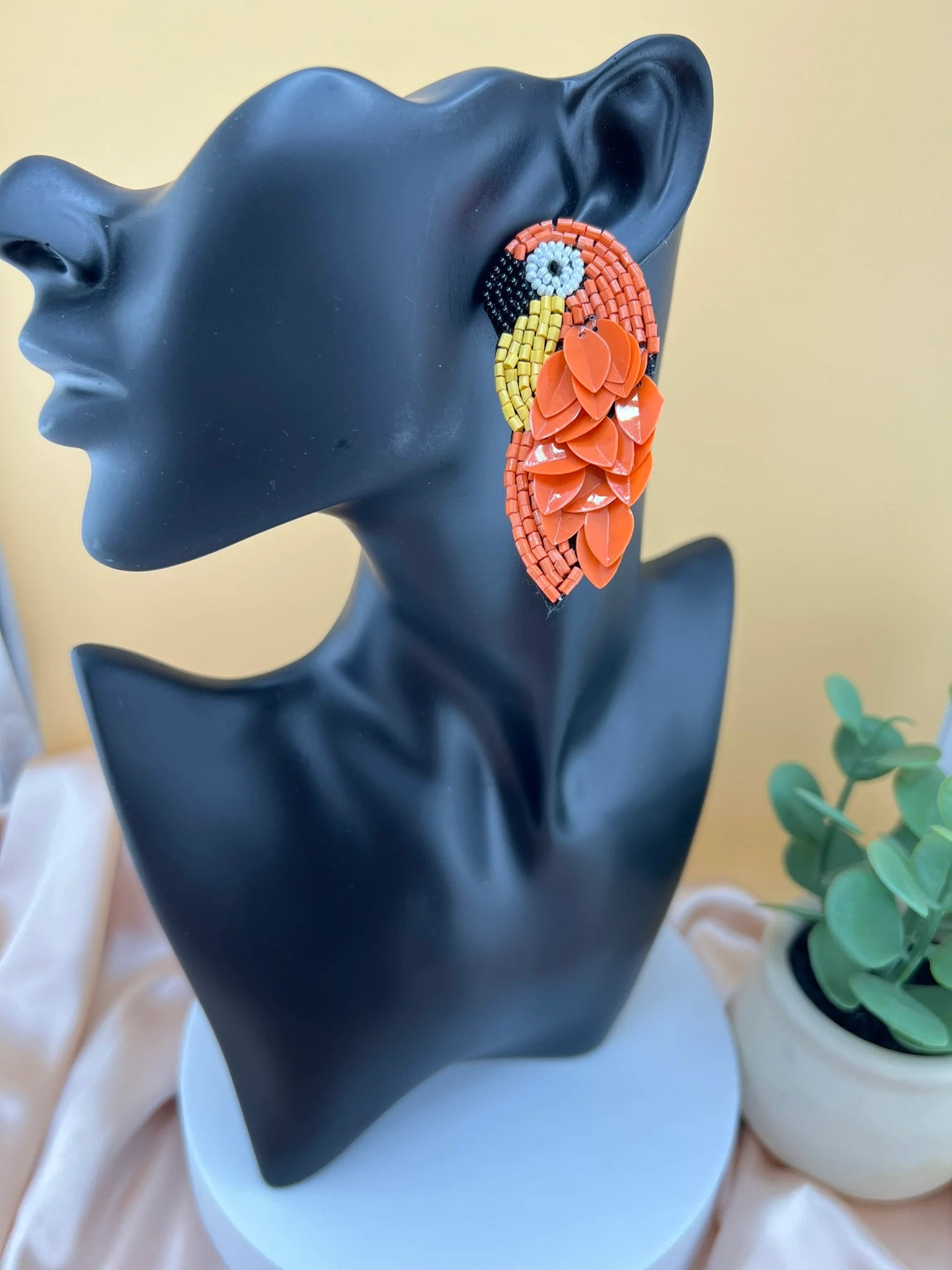 Orange Bird Beaded earrings, Quirky Handmade earrings