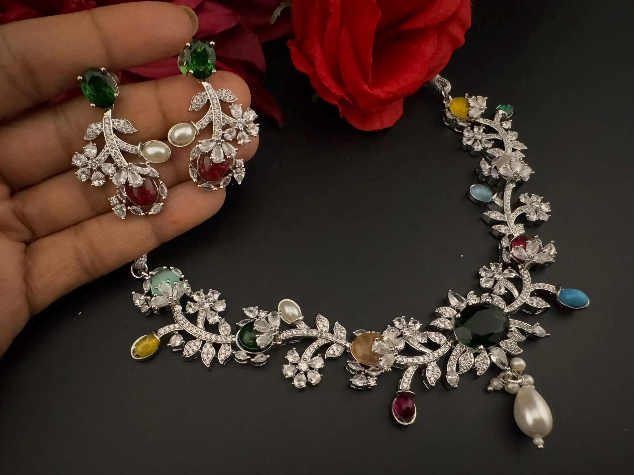 Green Premium American Diamond, Cubic Zirconia, Stones and Pearls Floral Necklace with earrings