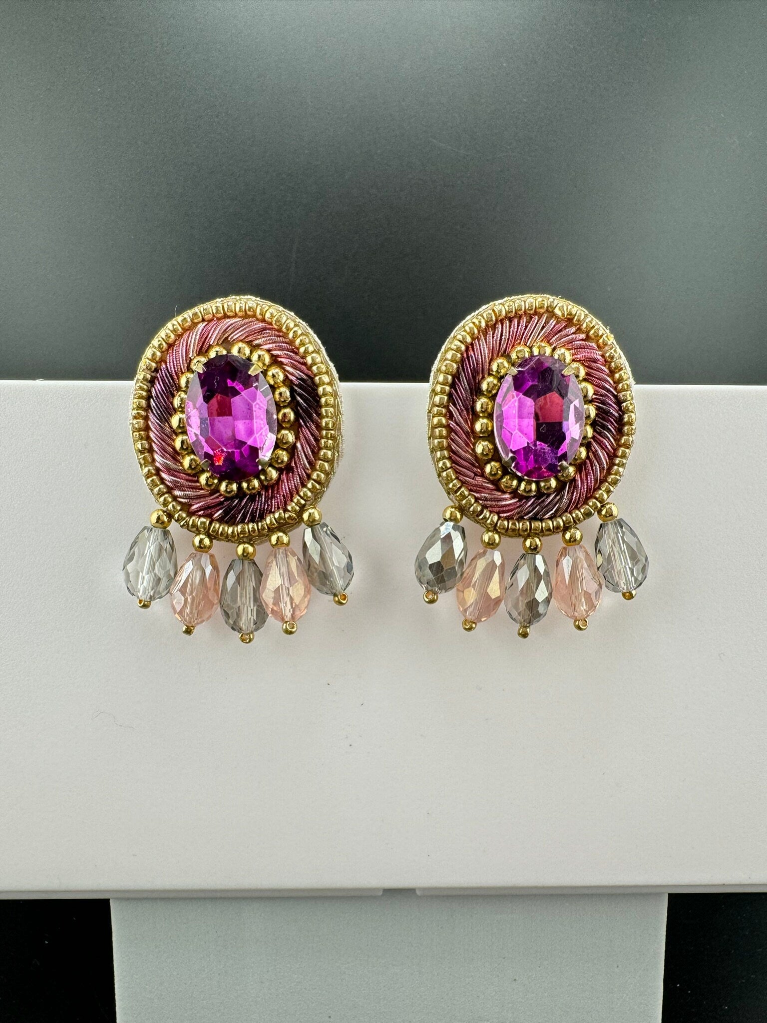 Beaded Crystal Purple Oval Big Studs Quirky earring/Handmade earrings