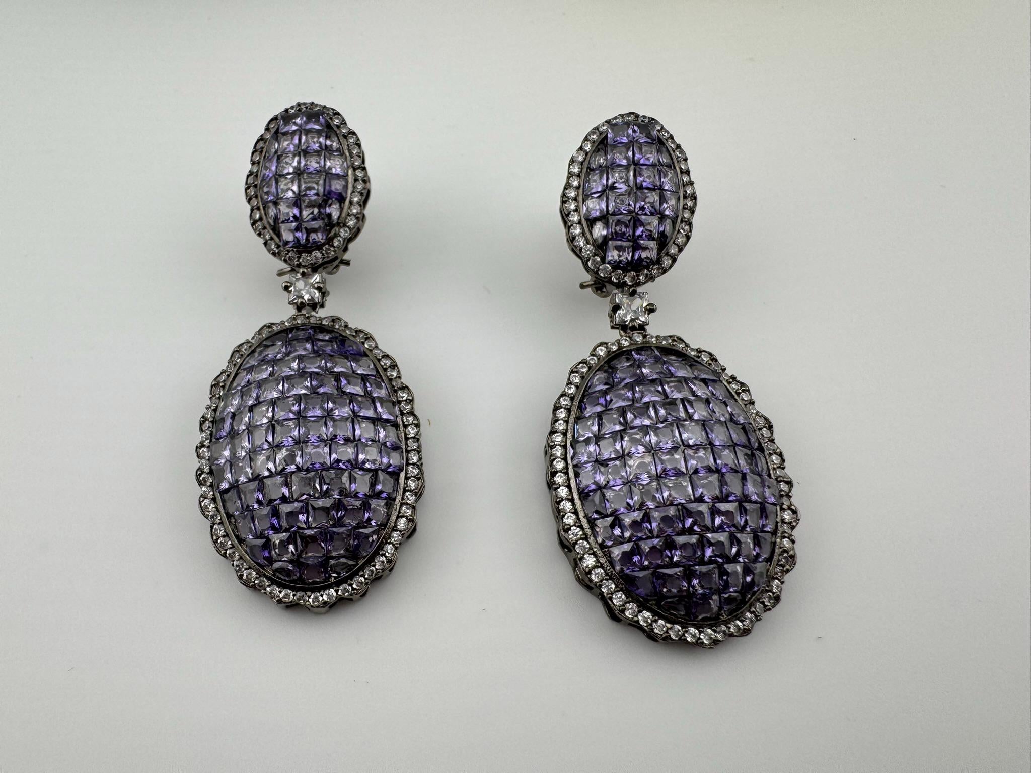 Premium Victorian Lavender Nano Setting Cubic Zirconia and Crystal stones long Drop earrings