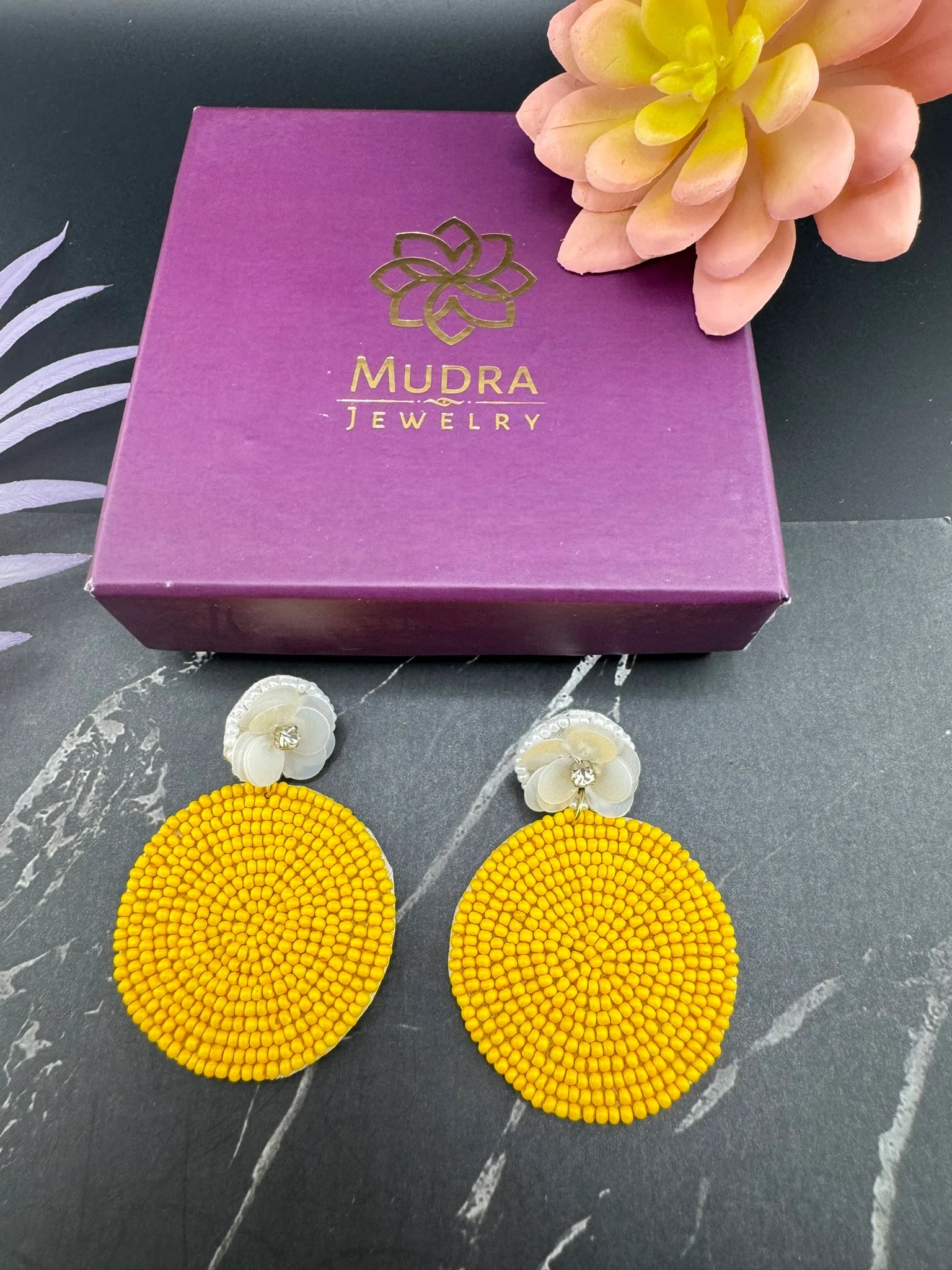 Yellow and white circle Quirky Beaded earrings