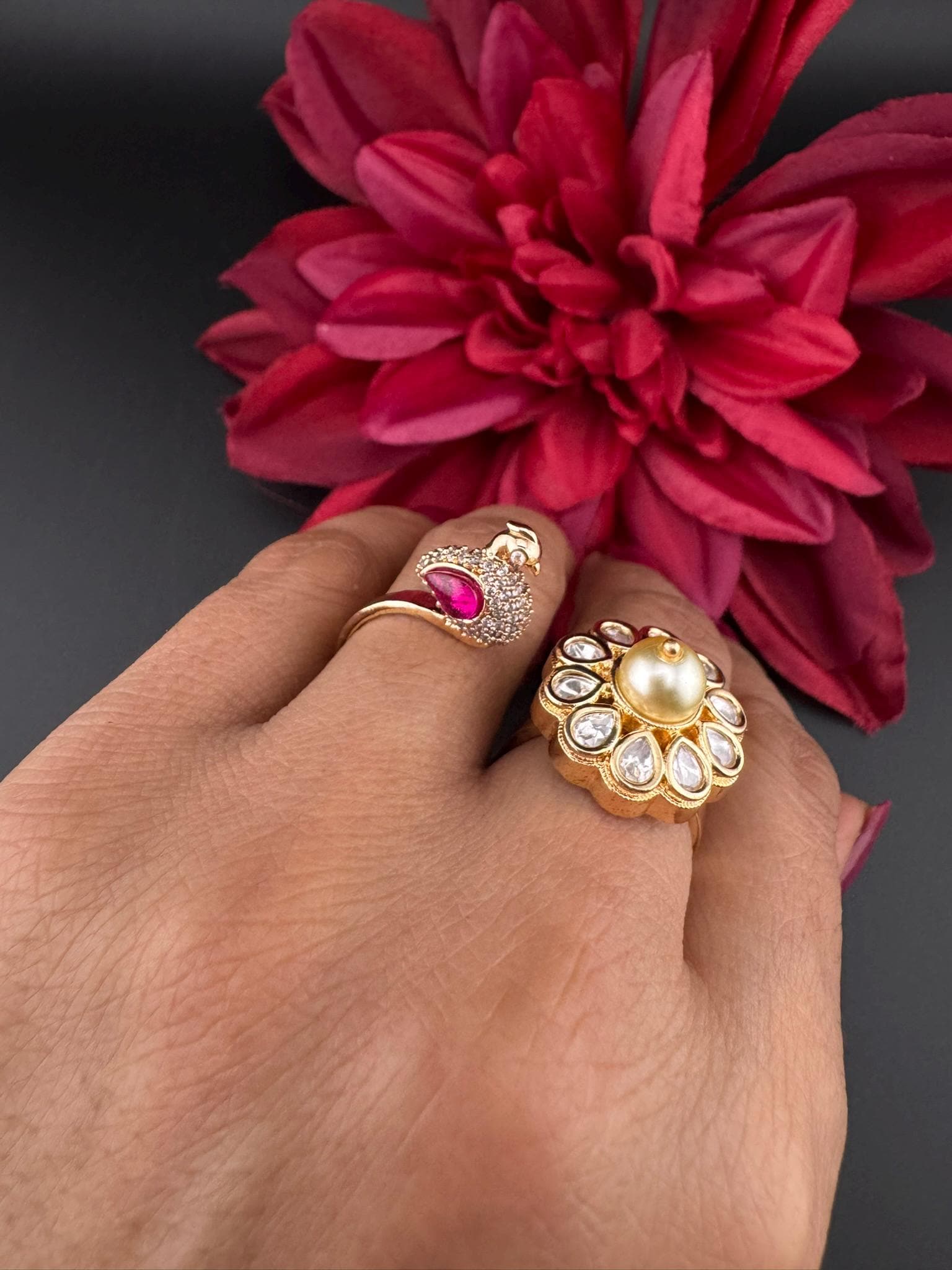 3D Premium 2 Finger Ring in kundan, Italian Mina(Enamel)/Adjustable Finger Ring/Indian Jewelry/Bollywood Jewelry/Indian Wedding jewelry