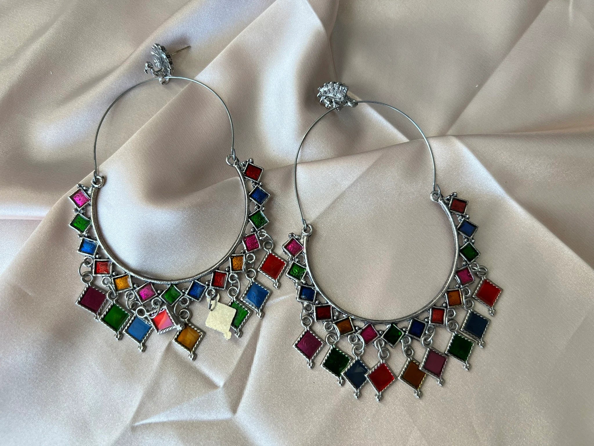 Oversized Multicolor Oxidized German silver Hoop earrings with Enamel details