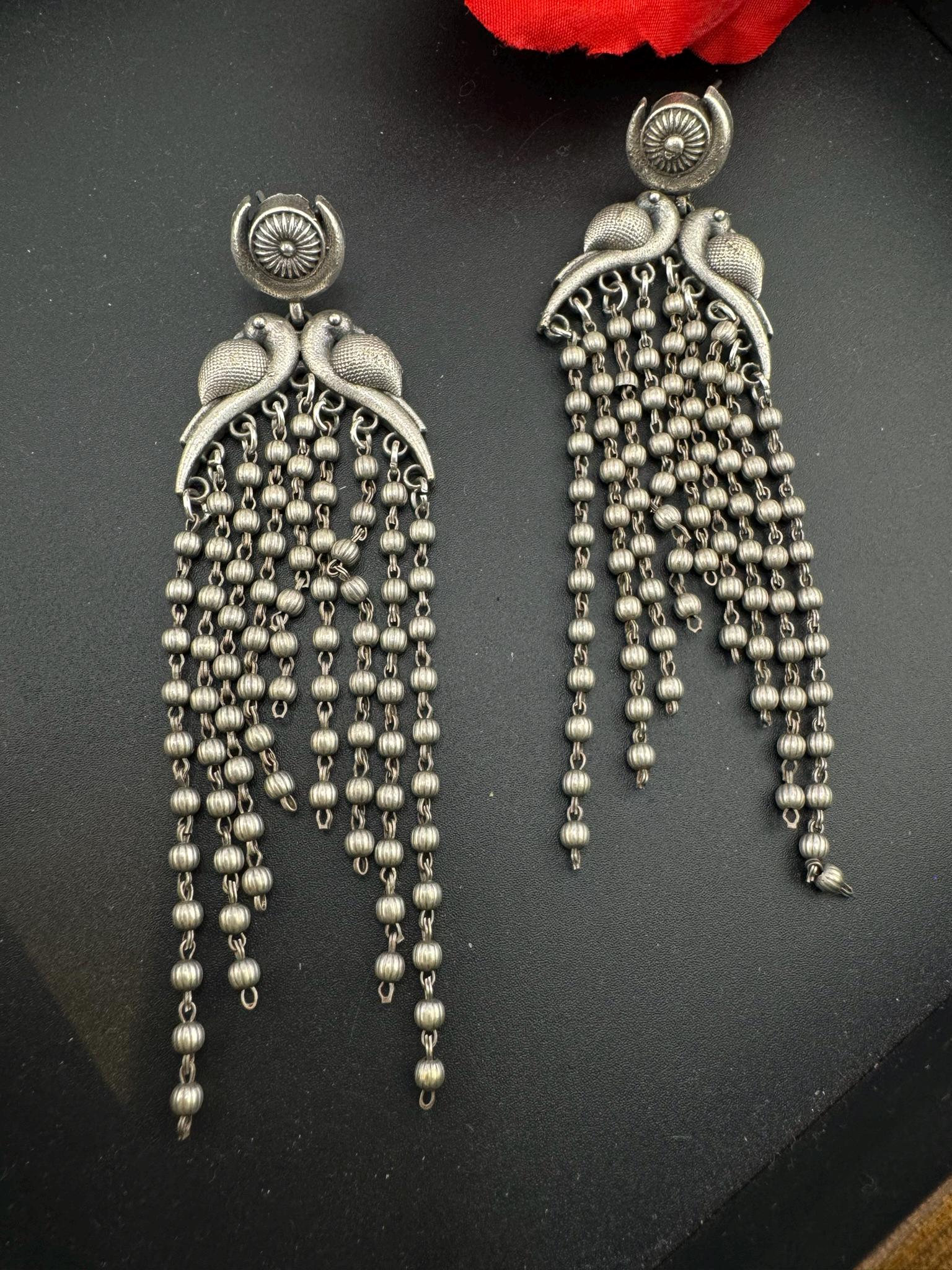 Peacock German Silver oxidized silver long earring with Tassel