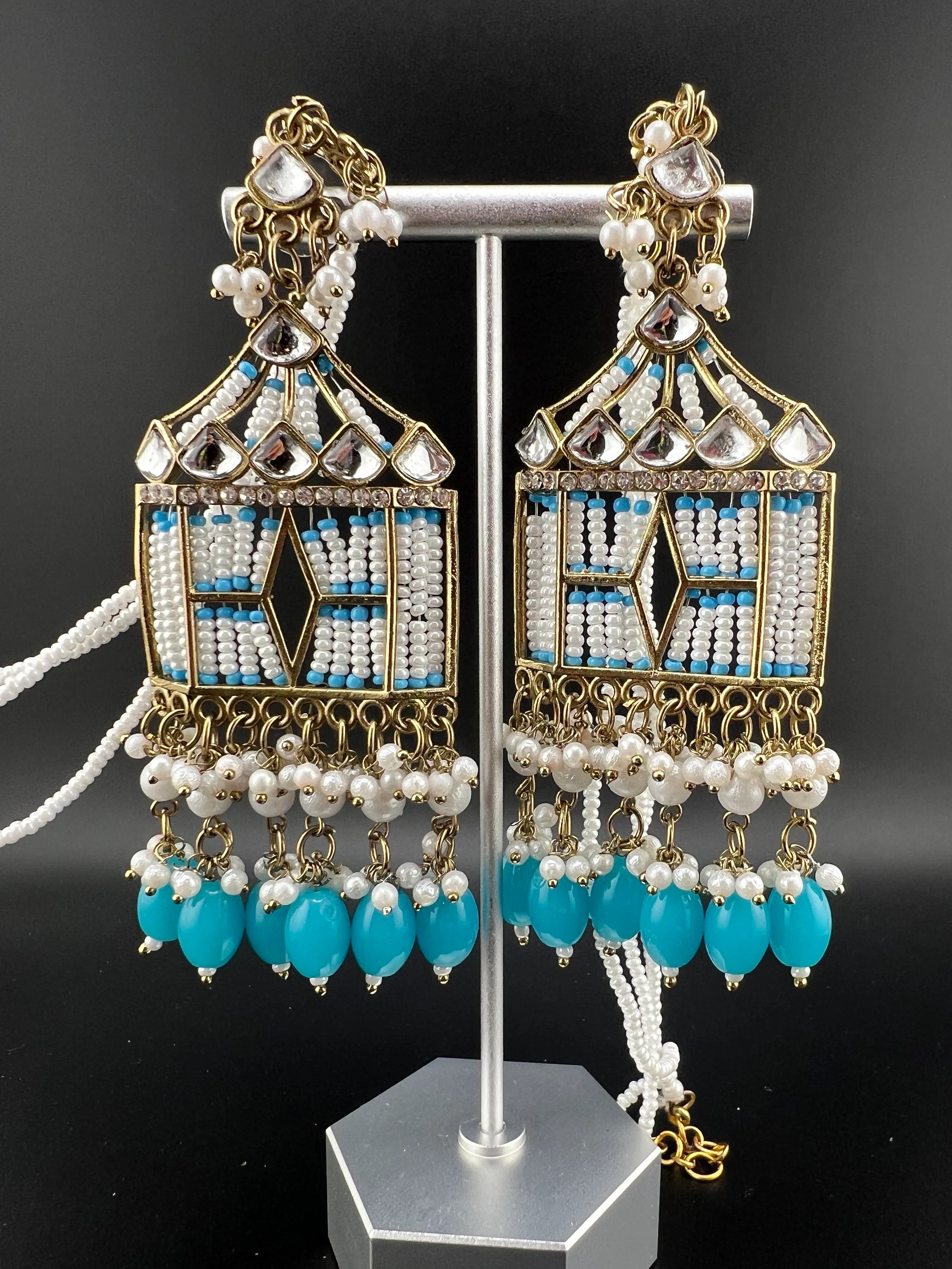 Blue Doli Chandbali Earrings with Ear Supporting Chain with Kundan, CZ and pearls