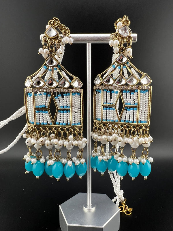 Blue Doli Chandbali Earrings with Ear Supporting Chain with Kundan, CZ and pearls