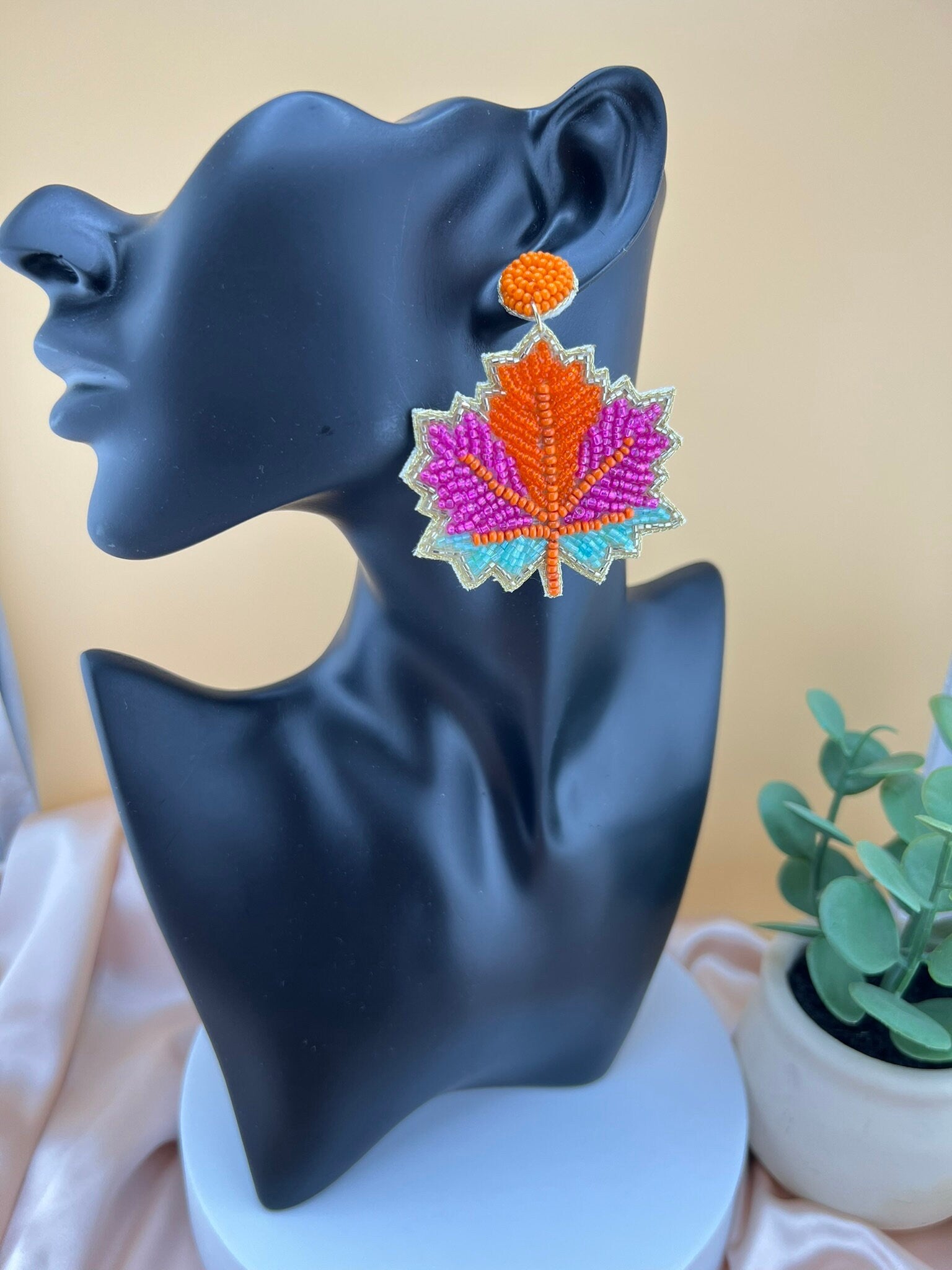 Maple leaf Multicolor Beaded earrings, Quirky Handmade earrings