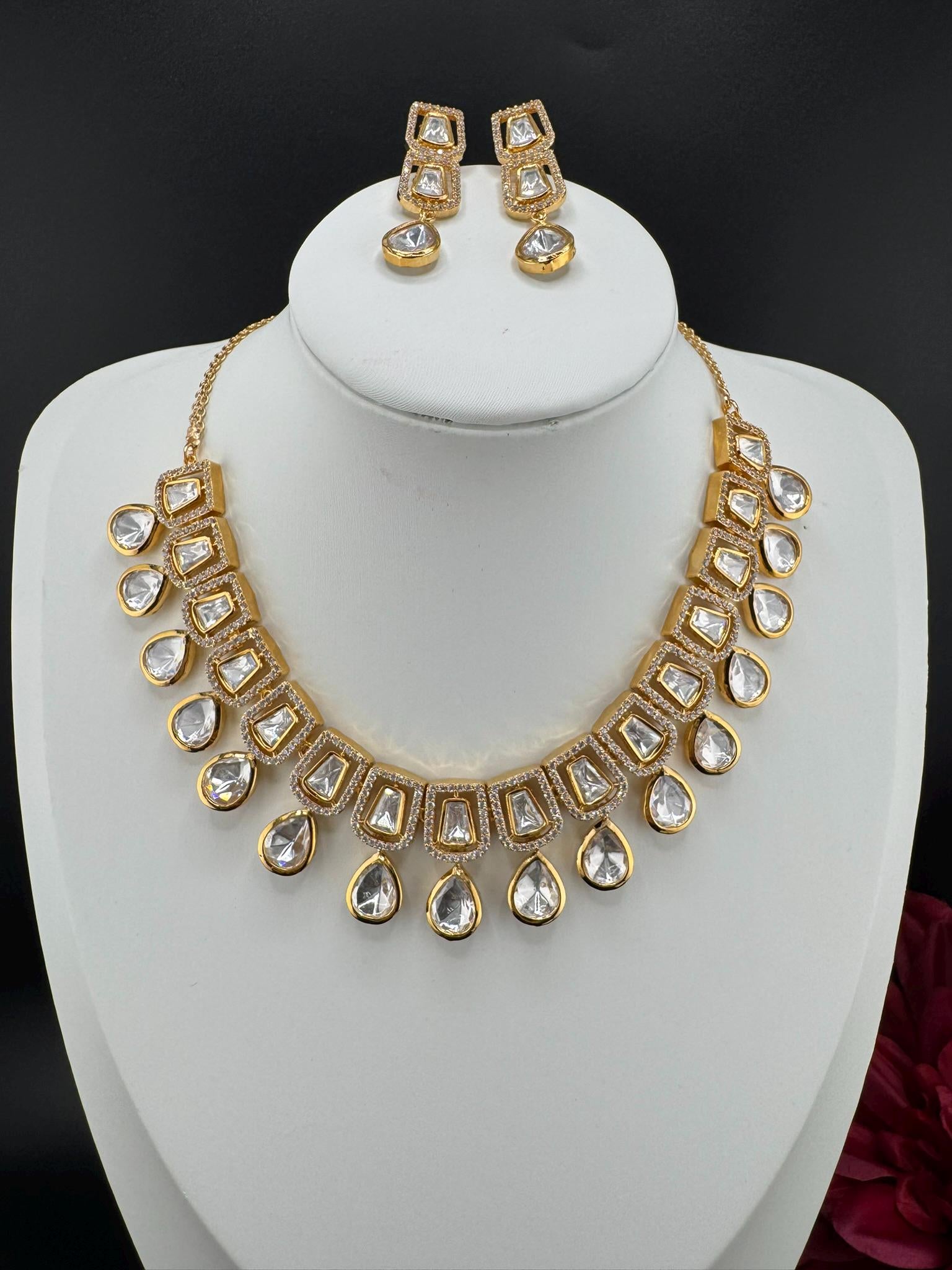 Premium Quality Moissanite Uncut Kundan & CZ is Tyaani Inspired Designer Necklace set with earrings