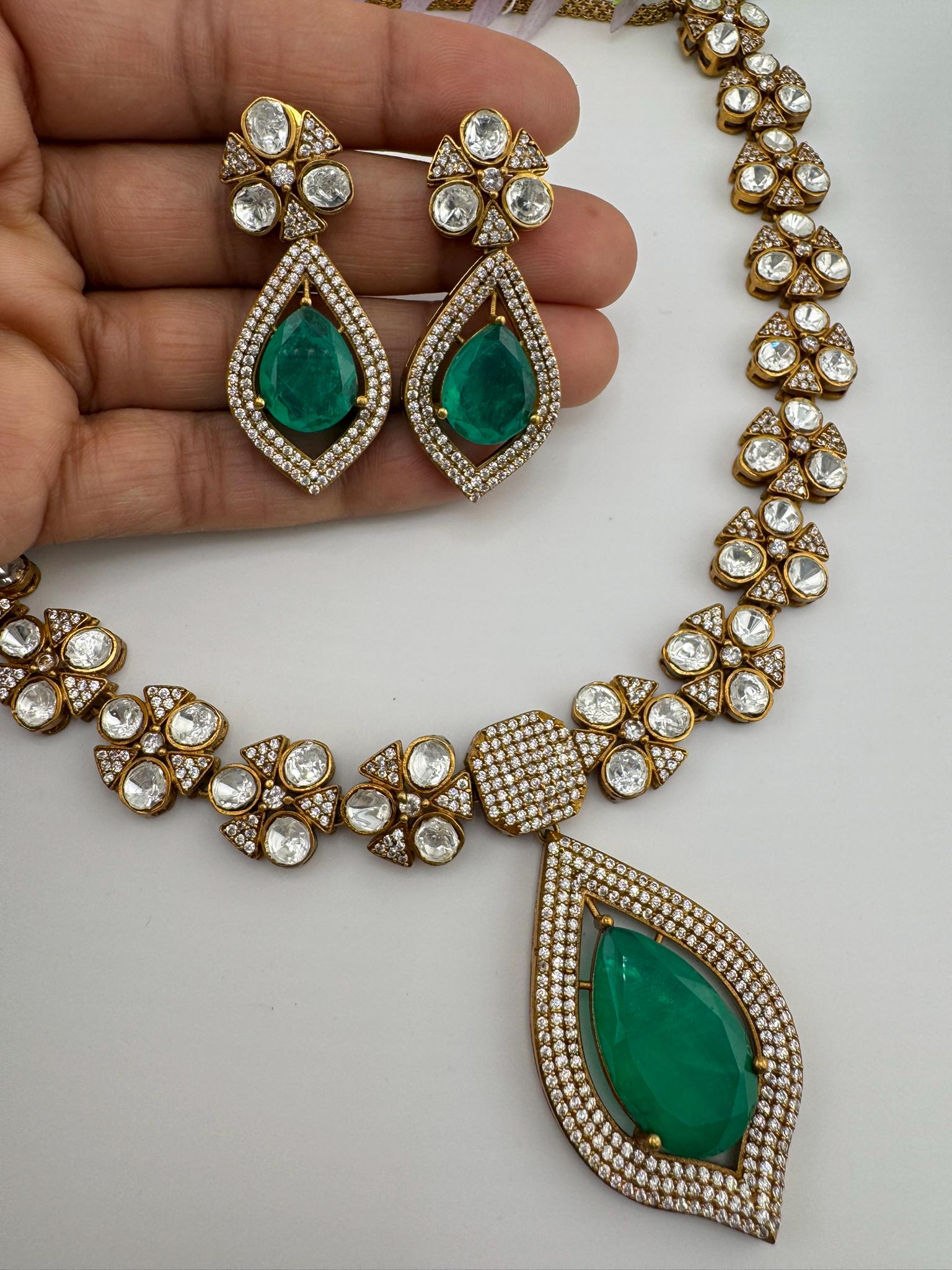 Polki Premium Moissanite Kundan, CZ, Turquoise Doublet Stone Long Necklace set with earrings
