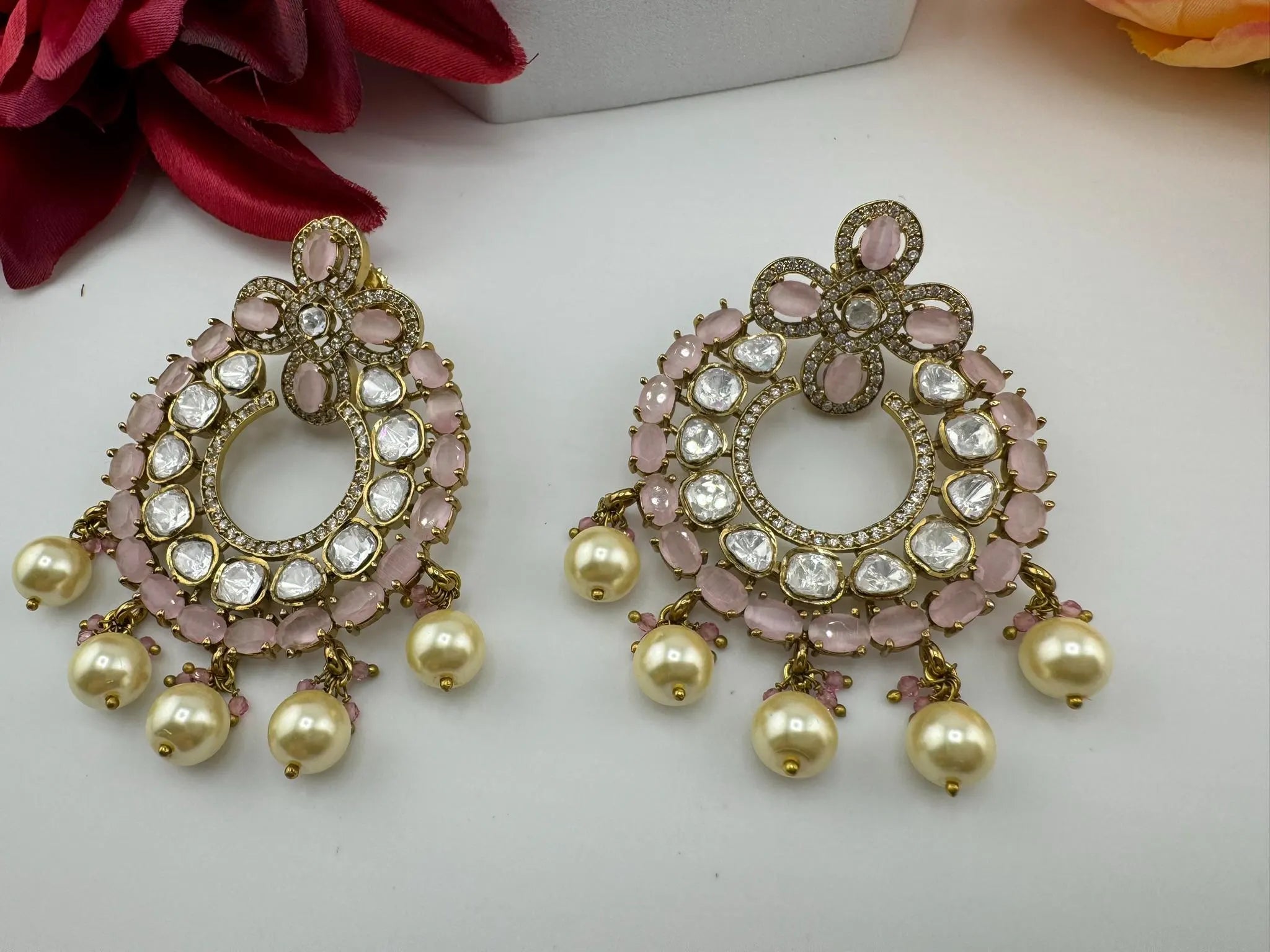 Premium Moissanite Kundan with Pink stones, CZ, Pearls designer Chandelier Earrings
