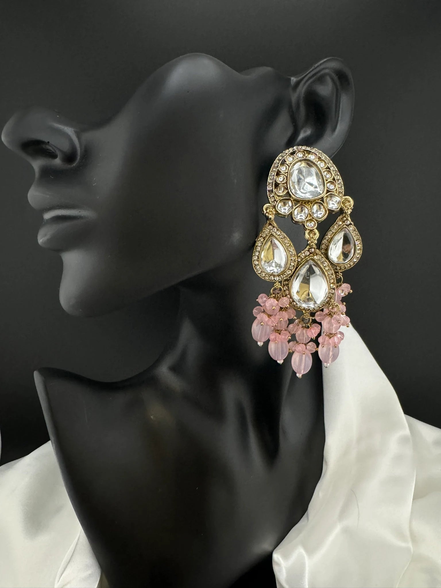 Kundan and Cubic Zirconia Long Chand Bali viral earring with stones and pearls