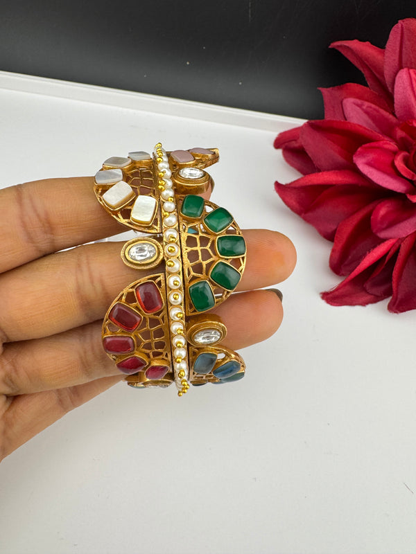 Kundan, CZ, colorful stones Bracelet Bangle, Gold Polish Bangle (Fits 2.6" Diameter)