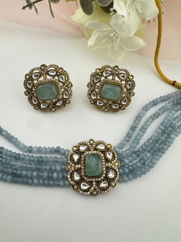 Moissanite Kundan, Hydro beads, CZ, Stones Choker necklace set, Indian Bridal Jewelry, chic set